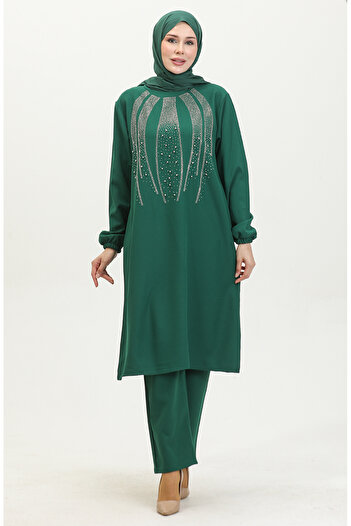 sefamerve Emerald Green Stone Printed Evening Dress and Tunic Pants Set - 0410-01