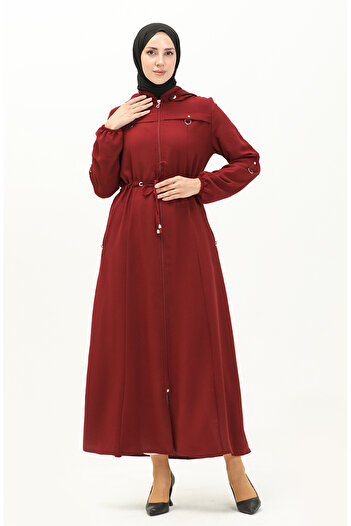 sefamerve Burgundy Hooded and Gathered Waist Ferace 61346-04