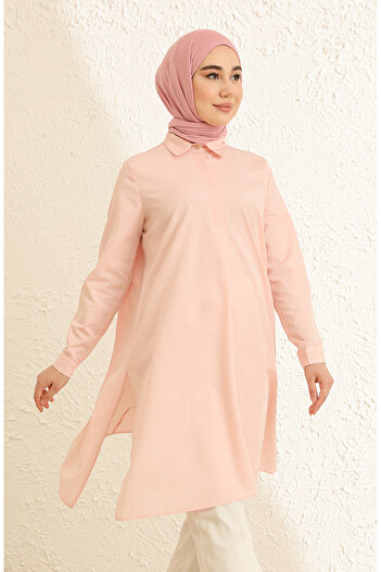 sefamerve Salmon Tunic with Hidden Buttons and Slits 6478-17