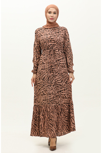 sefamerve Patterned Brown Dress - Gathered Skirt, Model 0154-01