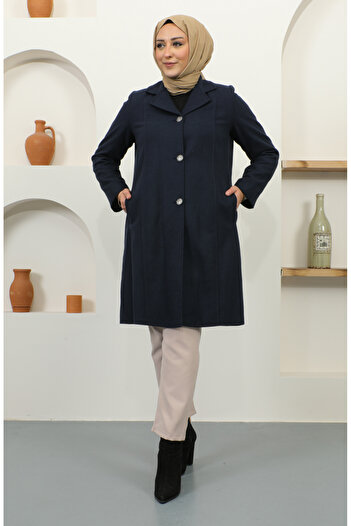 sefamerve Large Size Buttoned Cashmere Coat 1176-02 Navy Blue