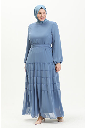 sefamerve 5712-02 Indigo Gathered Evening Dress
