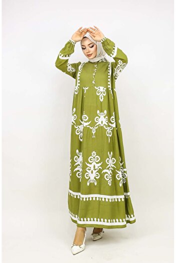 sefamerve Oil Green Tile Patterned Dress - 4100-09