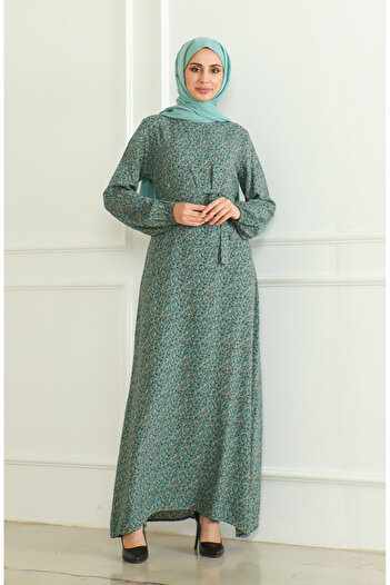 sefamerve Green Viscose Dress - Patterned and Belted 0508-01