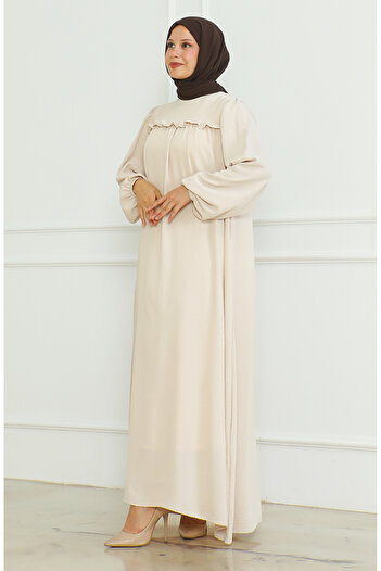 sefamerve Beige Aerobin Fabric - Elastic Sleeve Dress 0465-01