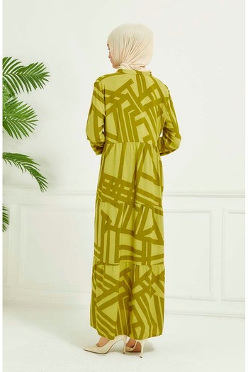 sefamerve Oil Green Geometric Patterned Dress - 4106-06
