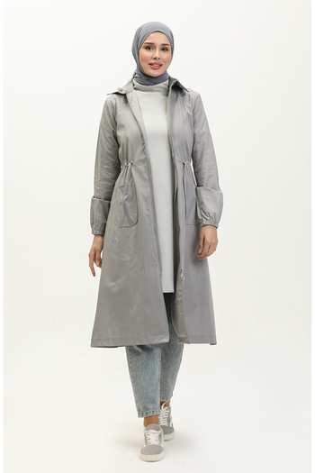 sefamerve Gray Trench Coat 61351-03 - Gathered Waist