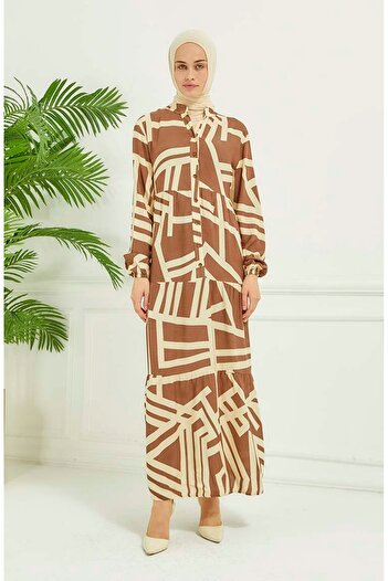 sefamerve Mink Geometric Patterned Dress - 4106-05