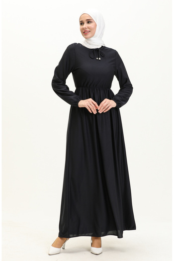 sefamerve Navy Blue 0575-04 Model Gathered Waist Dress