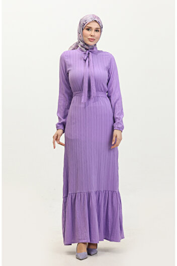 sefamerve Lilac Sare Dress with Tie Collar and Gathered Skirt - 0357-04
