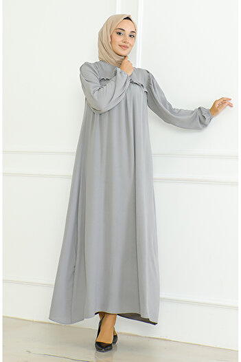 sefamerve Gray Aerobin Fabric - Elastic Sleeve Dress 0465-04