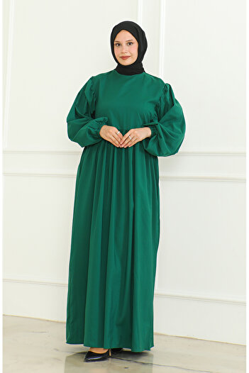 sefamerve Emerald Green Gathered Waist Dress - 0474-05