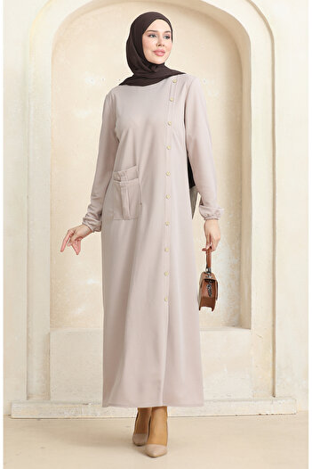 sefamerve Beige Coloured Dress with Button and Pockets 3029-03
