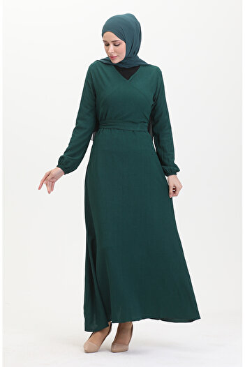 sefamerve Wrapped Fabric Side Tie Dress 1033-04 Emerald Green