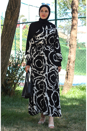 sefamerve Viscose Belted Rib Detailed Black and White Dress - 0447-01