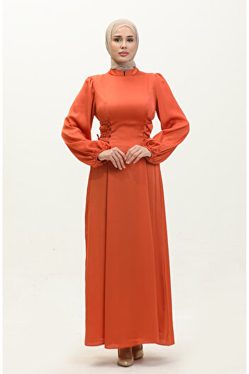 sefamerve Brick Color Side Tie Evening Dress - 6156-01