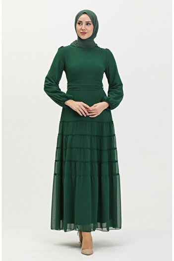 sefamerve Emerald Green Gathered Evening Dress - 5712-05