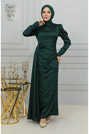 sefamerve Emerald Green Satin Evening Dress with Pleat Detail, Model 6154-05