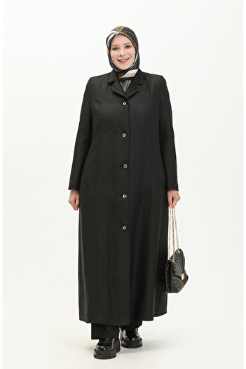 sefamerve Large Size Black Overcoat - Neck Buttoned and Lined 0422-01