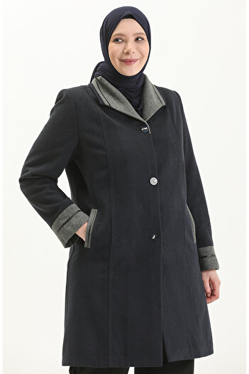 sefamerve Plus Size Buttoned Cashmere Coat 0328-05 Navy Blue
