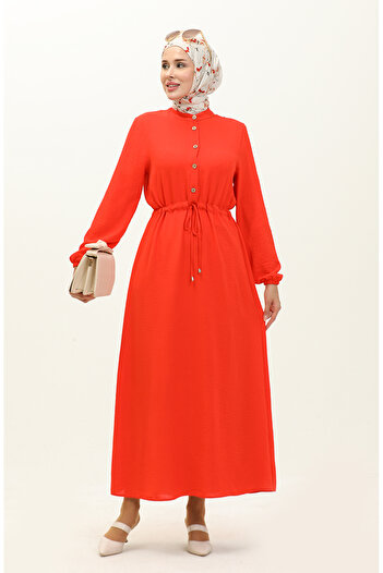 sefamerve Orange 1002-07 Model Gathered Waist Dress