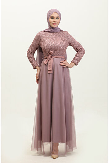 sefamerve Lilac Lace and Belted Evening Dress - 5353A-15