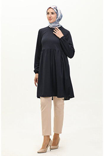sefamerve Navy Blue Gathered Tunic - 7272-06