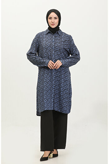 sefamerve Indigo Patterned Large Size Shirt Tunic - 2022C-02