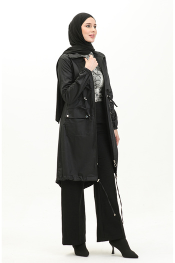 sefamerve Black Gathered Waist Trench Coat - 61331-01
