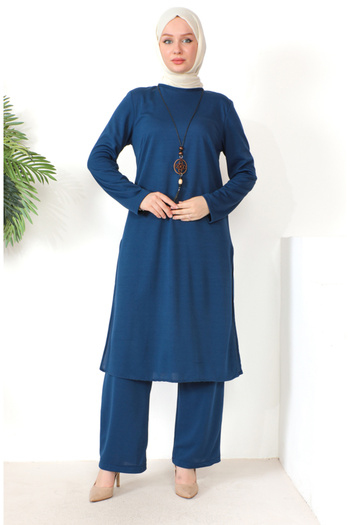 sefamerve Indigo Necklace Tunic and Trousers Set - 8585-09