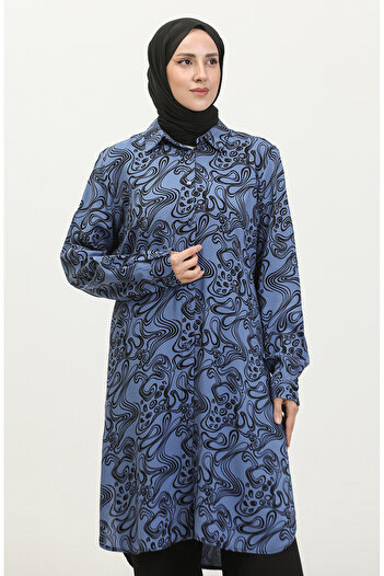 sefamerve Indigo Patterned Large Size Shirt Tunic - 2022F-03
