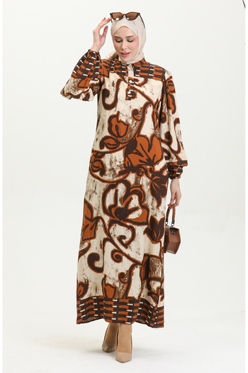 sefamerve Tan Beige Viscose Dress - Half Buttoned, Color Garnished 0396-01