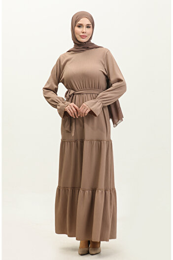 sefamerve Mink Colored Flounce Sleeves and Belted Dress 0304-06