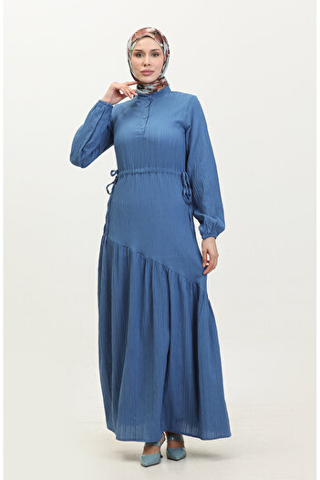 sefamerve Indigo Gathered and Side Tied Dress - 0363-06