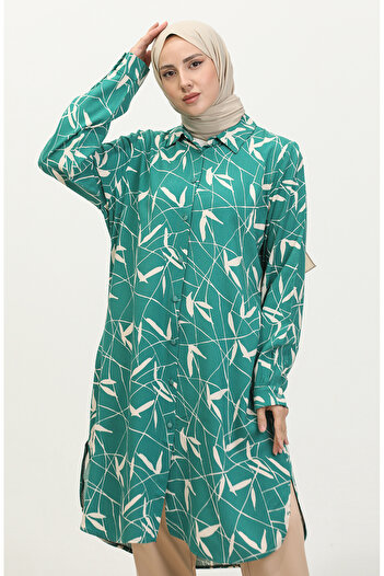 sefamerve Green Patterned Large Size Shirt Tunic - 2022B-04