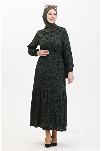 sefamerve Dark Green Viscose Dress - Patterned and Belted 0469-02