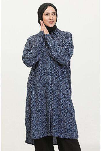 sefamerve Indigo Patterned Large Size Shirt Tunic - 2022C-02