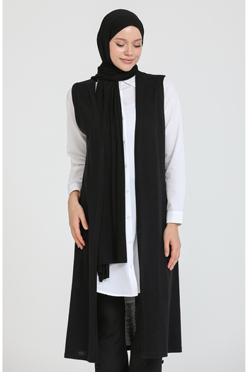 sefamerve Black Plain Long Seasonal Vest - 8735-01