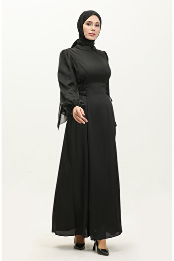 sefamerve Black Side Tie Evening Dress - 6156-03