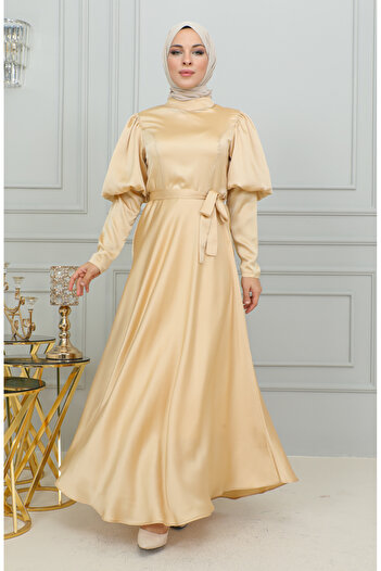 sefamerve Cup Evening Dress - Sleeve Detailed, Gold 6084-03