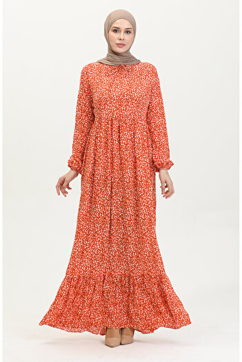 sefamerve Orange Patterned Viscose Dress - 81865-02