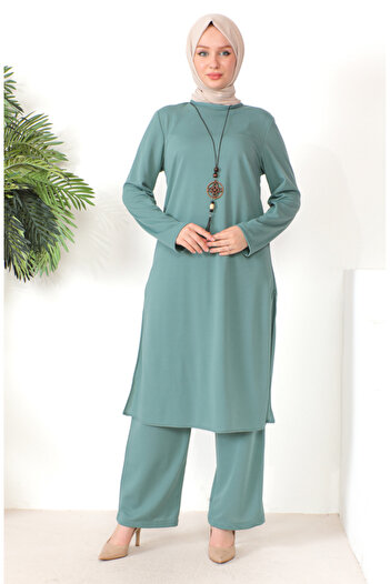 sefamerve Green Necklace Tunic and Trousers Set - 8585-03