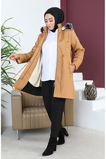 sefamerve Tan Short Coat - Plus Size Bondit Fabric 10455-08