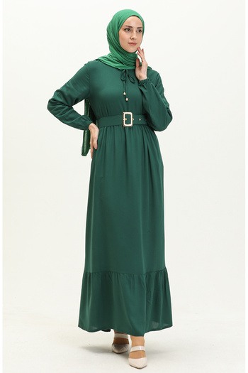 sefamerve Emerald Green Viscose Dress 2202-01 - Belt and Shirred