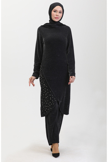 sefamerve Black Stone Detailed Evening Dress Set - 0437-02
