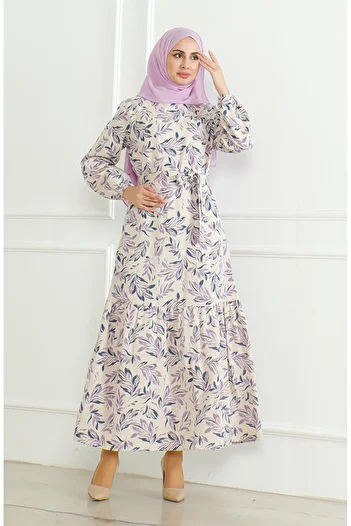 sefamerve Linen Dress 0471-03 Beige Lilac - Patterned and Belted