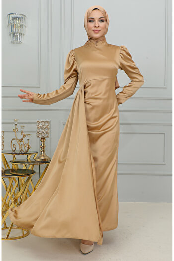 sefamerve Satin Evening Dress - Pleat Detailed, Gold 6154-02