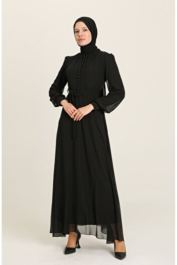 sefamerve Black Chiffon Evening Dress - Button Detail, Model 5695-01