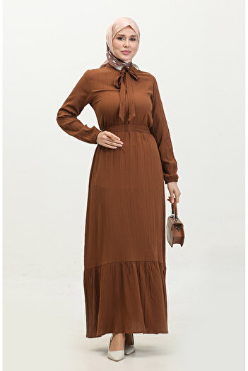 sefamerve Tan Tie Collar and Gathered Skirt Dress 0357-02