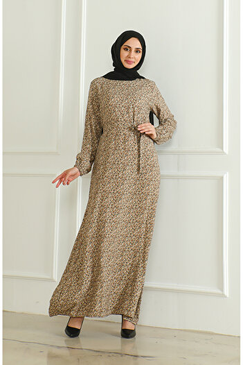 sefamerve Mink Patterned Belted Viscose Dress - 0508-05